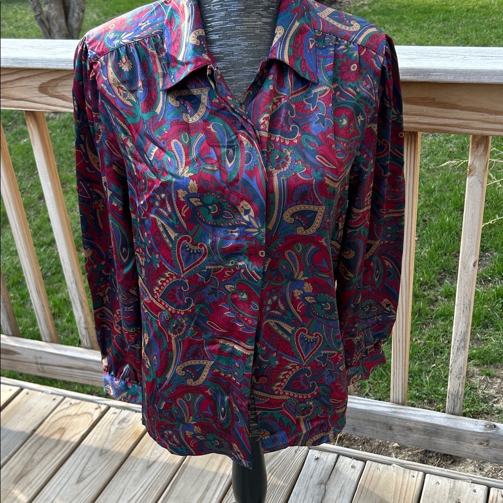 Koret Vintage Paisley Button-Up Blouse in Burgundy and Teal NWT
